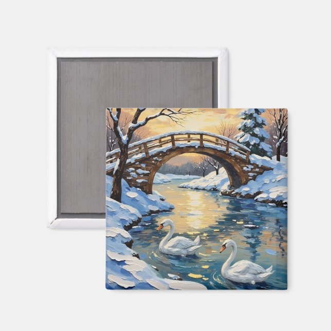 Imã Vintage Swan Family Under Snowy Bridge Painting (Front/Back)