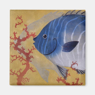 Imã Vintage Tropical Blue Fish Coral Marine Ocean Life
