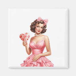Imã Vintage Valentine Pin-Up Girl with Heart Fan