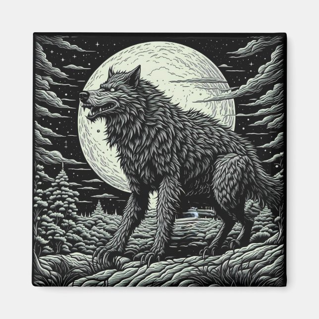 Imã Vintage Werewolf em frente à lua cheia (Frente)