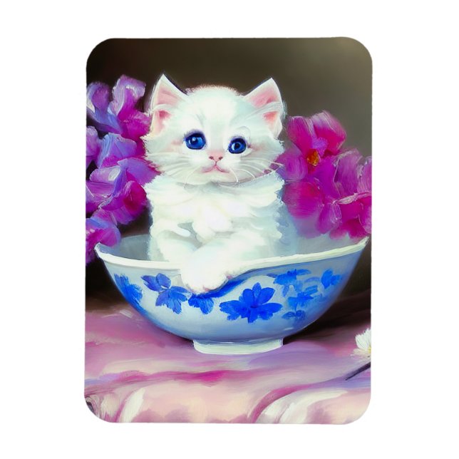 Ímã Vintage White Kitten com Flores Rosa (Vertical)