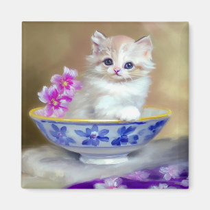 Imã Vintage White Kitten Illustration