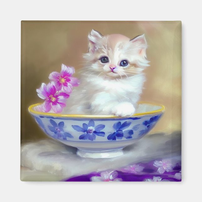 Imã Vintage White Kitten Illustration (Frente)