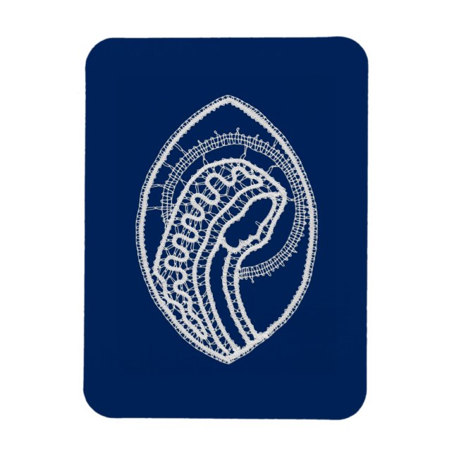 Ímã Virgem Abençoada Maria, renda branca, azul marinho (Vertical)