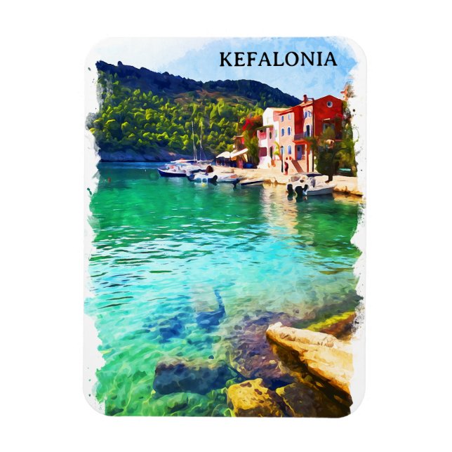 Ímã Vista Costeira de Grécia de Kefalonia com Aquarela (Vertical)