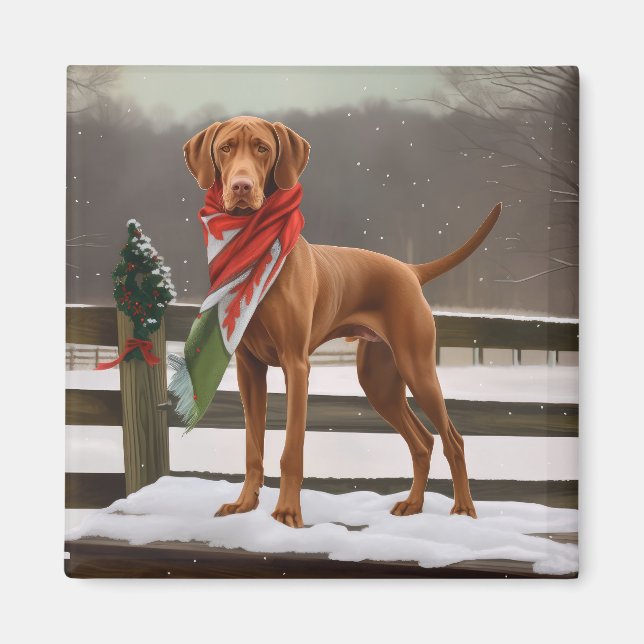 Imã Vizsla Dog no Natal da Neve (Frente)