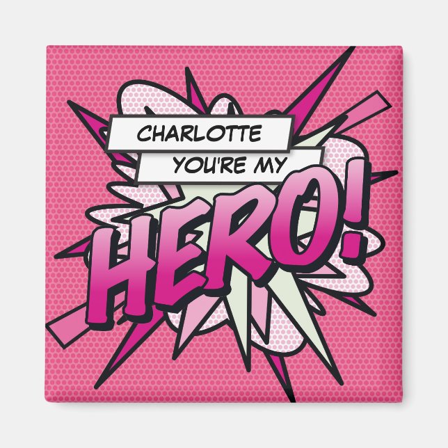 Imã Você é meu HERÓI Fun Retro Quadrinho Rosa (Frente)