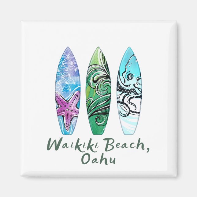 Imã Waikiki Beach Oahu Watercolor Surfboards (Frente)