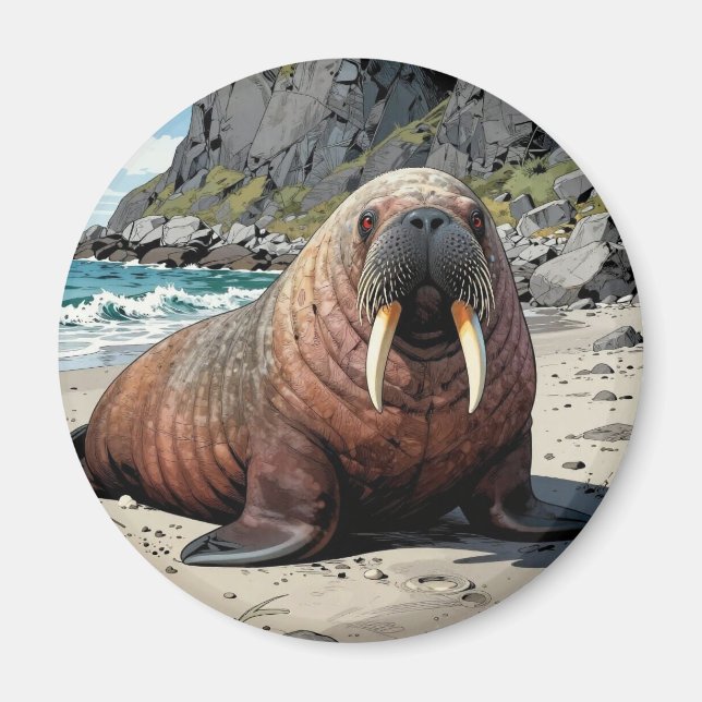 Imã Walrus on a Sandy Beach  | Cute Animals (Frente)