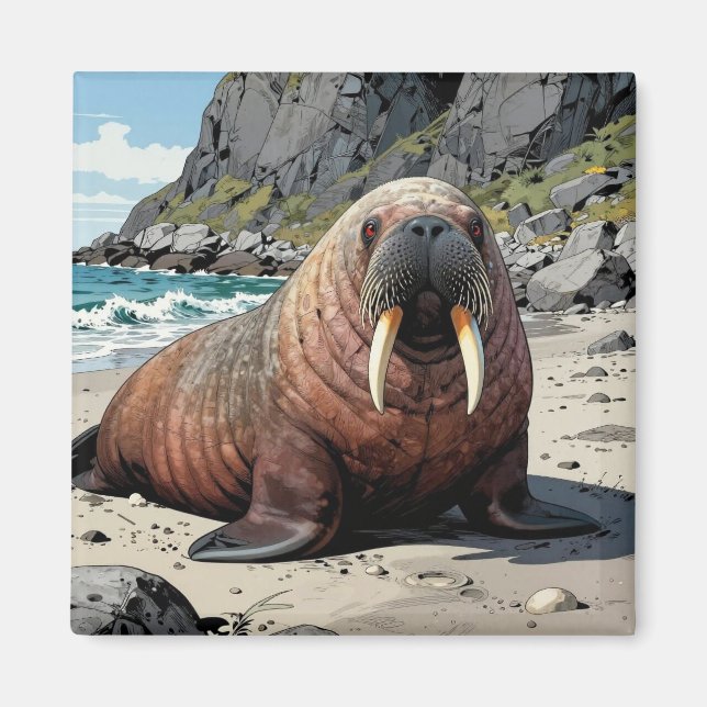 Imã Walrus on a Sandy Beach  | Cute Animals (Frente)