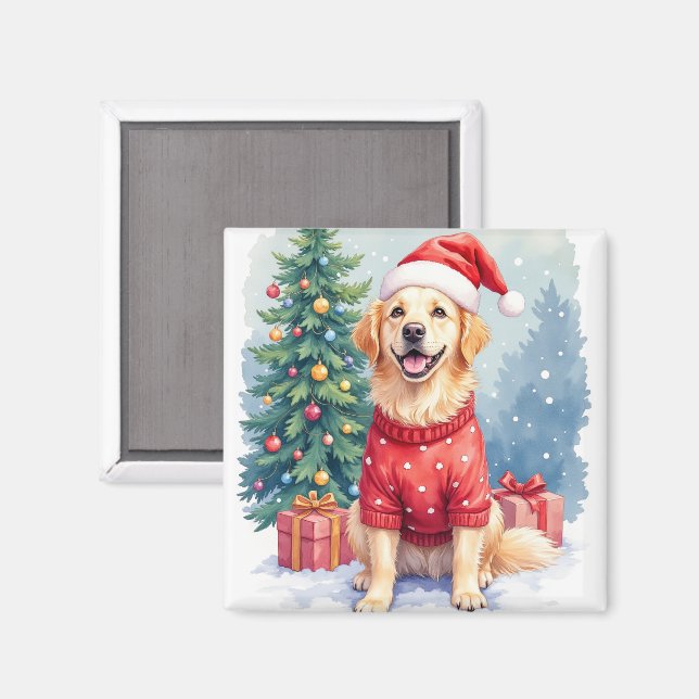 Imã Warm Watercolor Golden Retriever Christmas Tree (Front/Back)