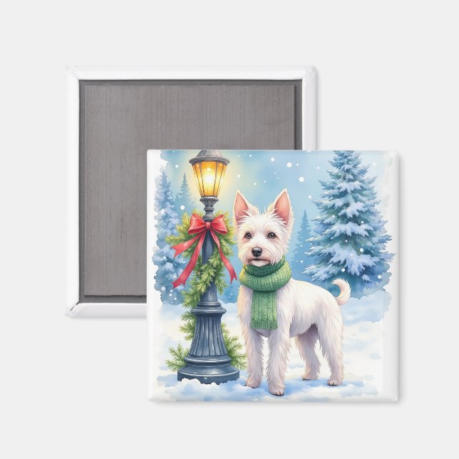 Imã Watercolor Bedlington Terrier Lamppost Christmas (Front/Back)