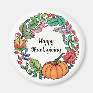 Imã Watercolor Belo Pumpkin Wreath com folhas