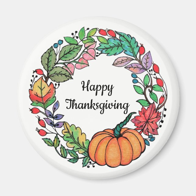 Imã Watercolor Belo Pumpkin Wreath com folhas (Frente)