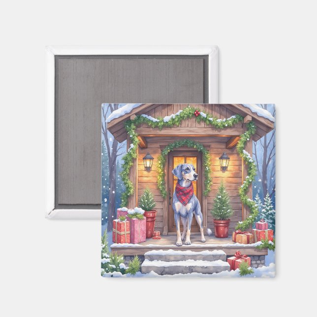 Imã Watercolor Bluetick Coonhound Cabin Porch Christma (Front/Back)