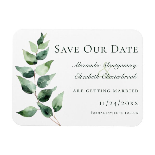 Ímã Watercolor Eucalyptus Wedding Save the Date White (Horizontal)