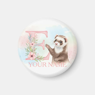 Imã Watercolor Ferret with Floral Letter E Monogram
