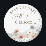 Imã Watercolor Flores Selvagens Casamento Salvem a Dat<br><div class="desc">Um bonito casamento temido,  cor azul-d-água,  rosa e poeirento,  salve o ímã lembrete de data com um elegante capricho com noiva e noções de noivo e data de casamento.</div>