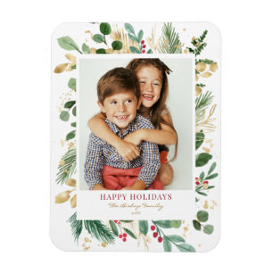 Ímã Watercolor Gold Foil Greenery e Holly Photo