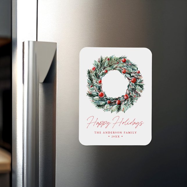 Ímã Watercolor Holly Berry & Greenery Wreath Holiday (Criador carregado)