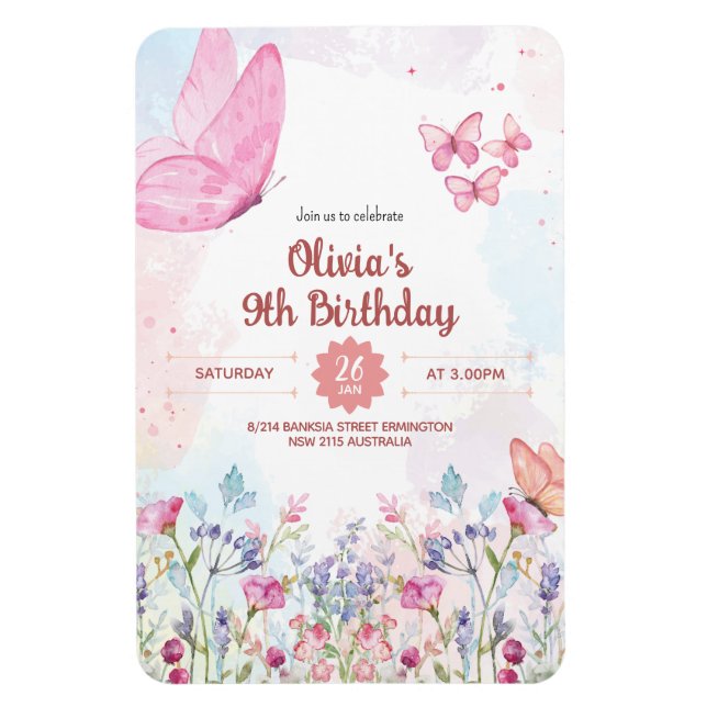 Ímã Watercolor Pastel Butterfly Birthday Invitation (Vertical)