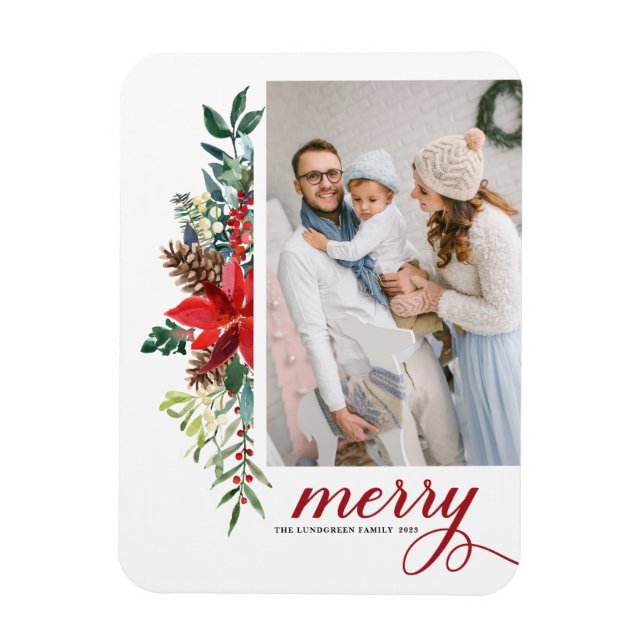 Ímã Watercolor Poinsettia Botânica Feliz Natal (Vertical)