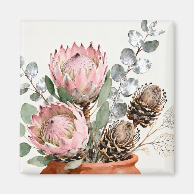 Imã Watercolor Protea Eucalyptus Arrangement (Frente)