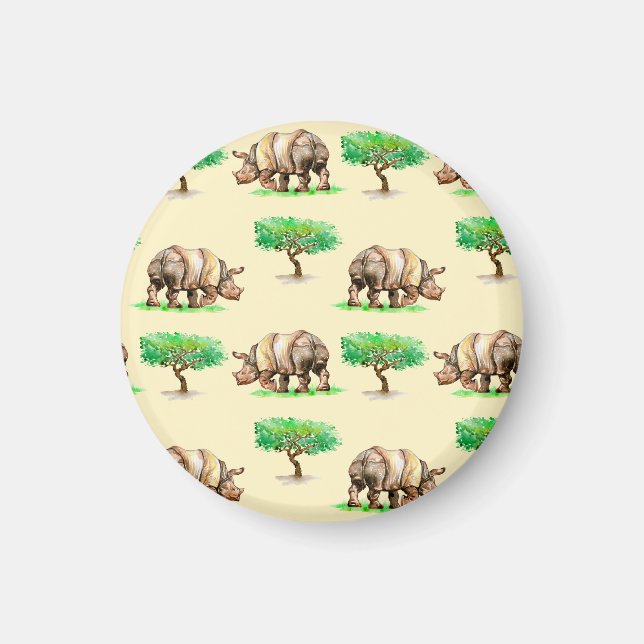 Imã Watercolor Rhino: Padrão Pintado À Mão. (Frente)