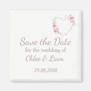 Imã Watercolor Rose Pink Floral Heart Save the Date