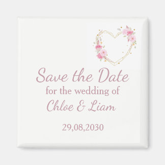 Imã Watercolor Rose Pink Floral Heart Save the Date