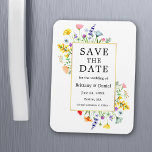 Ímã Watercolor Wildflower Frame Dourado Salvar Data<br><div class="desc">Modern Watercolor A Imã salve a data de Anúncio do Noivado de Casamento de Flores Selvagens inclui as delicadas flores silvestres  amarelas,  cor-de-rosa,  cor de pêssego,  azul poeirento,  roxo,  vermelho e laranja,  papoilas,  folhas de eucalipto e outras lindas culturas botânicas numa armação de ouro.</div>