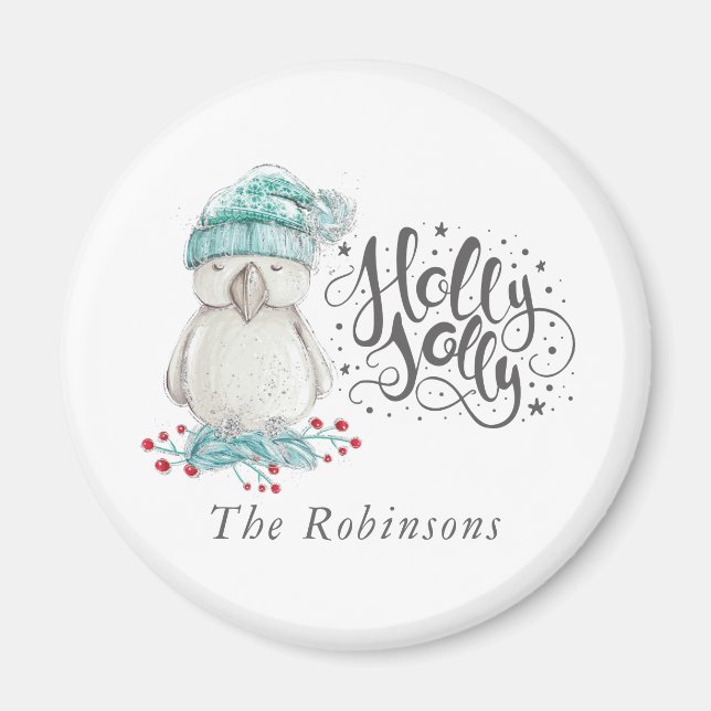 Imã Watercolor Winter Bird Holly Jolly Natal (Frente)