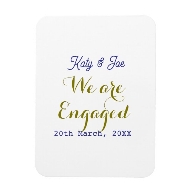 Ímã We are Engaged purple gold name date elegant simpl (Vertical)