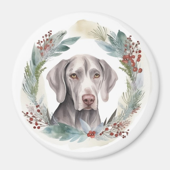 Imã Weimaraner Christmas Wreath Festivo Pup (Frente)