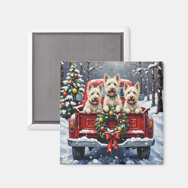 Imã West Highland White Terrier Christmas Red Truck (Front/Back)