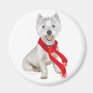 Imã Westie de Inverno com um Cachecol Vermelho