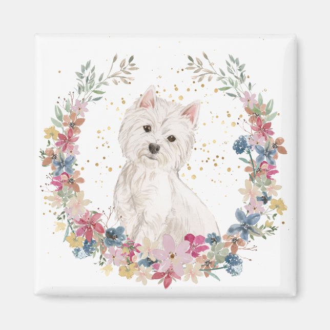 Imã Westie Terrier Spring Flowers Wreath (Frente)