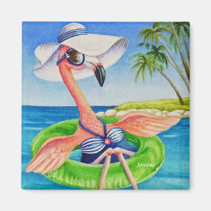Imã Whimsical Beach Babe Pink Flamingo No 3