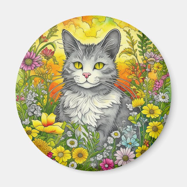Imã Whimsical Cat and Flowers (Frente)