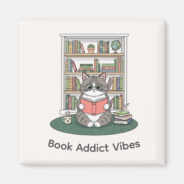 Imã Whimsical Cat Glasses Reading Bookshelf Cute Decor (Frente)