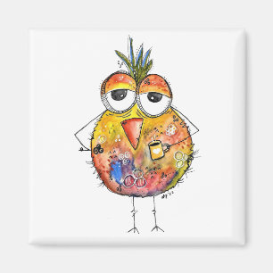 Imã Whimsical Colorful Bird Drinking Coffee
