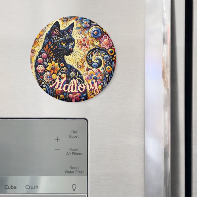 Imã Whimsical Floral Black Cat Kitty Personalized (In Situ (Fridge))