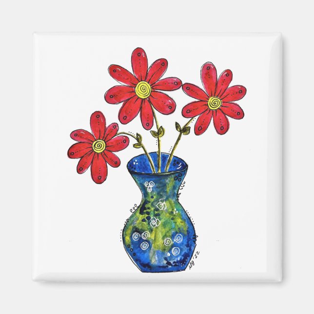 Imã Whimsical Red Flowers in Blue Vase (Frente)