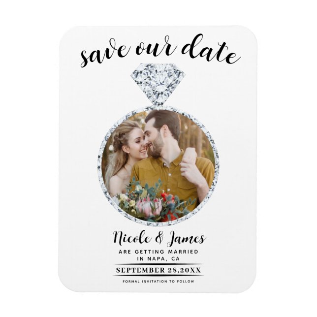 Ímã White Diamond Ring Bling Foto para salvar a data (Vertical)