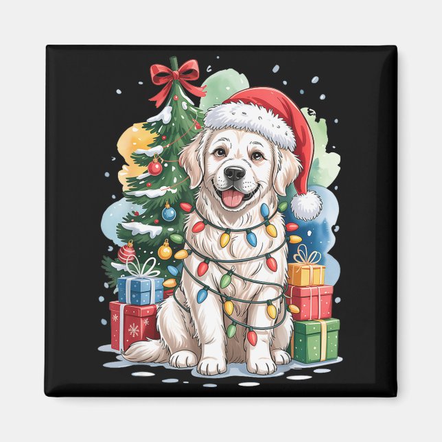 Imã White English Golden Retriever Santa Hat Christmas (Frente)