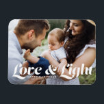 Ímã White Love and Light Typografia Foto Hanukkah<br><div class="desc">Amor e luz | Celebre o alegre Festival das Luzes com nossa foto personalizável do ímã Chanucá! Este ímã festivo permite-lhe mostrar as suas memórias favoritas enquanto adiciona um toque pessoal ao seu decoro de férias. Apresenta tipografia retrógrada. Personalize este cartão de foto Hanukkah adicionando seus detalhes. Um presente ideal...</div>