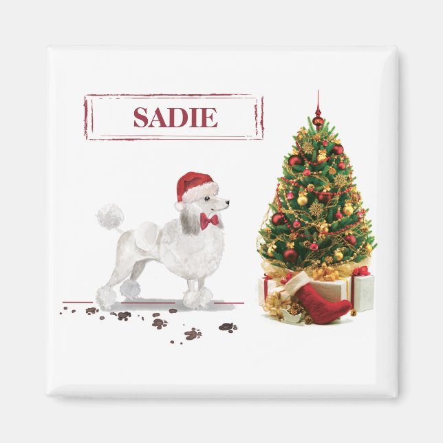 Imã White Poodle Engraçado Cachorro de Natal com Árvor (Frente)