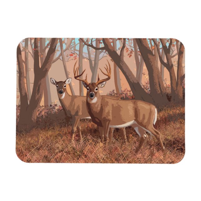 Ímã Whitetail Deer In Forest Retro Style Nature (Horizontal)