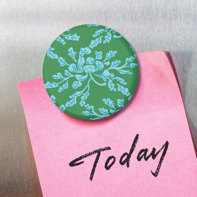 Imã Winding Peony Woodcut in Green and Aqua Magnet (Criador carregado)