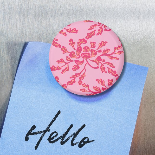 Imã Winding Peony Woodcut in Pink and Orange Magnet (Criador carregado)